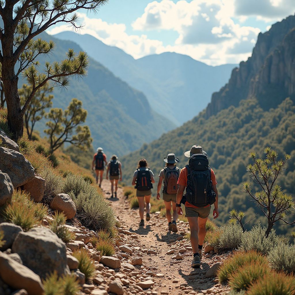 Group of adventurers hiking mountain trail